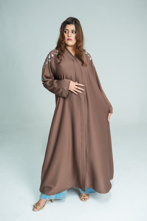 Brown Floral Embroidered Abaya
