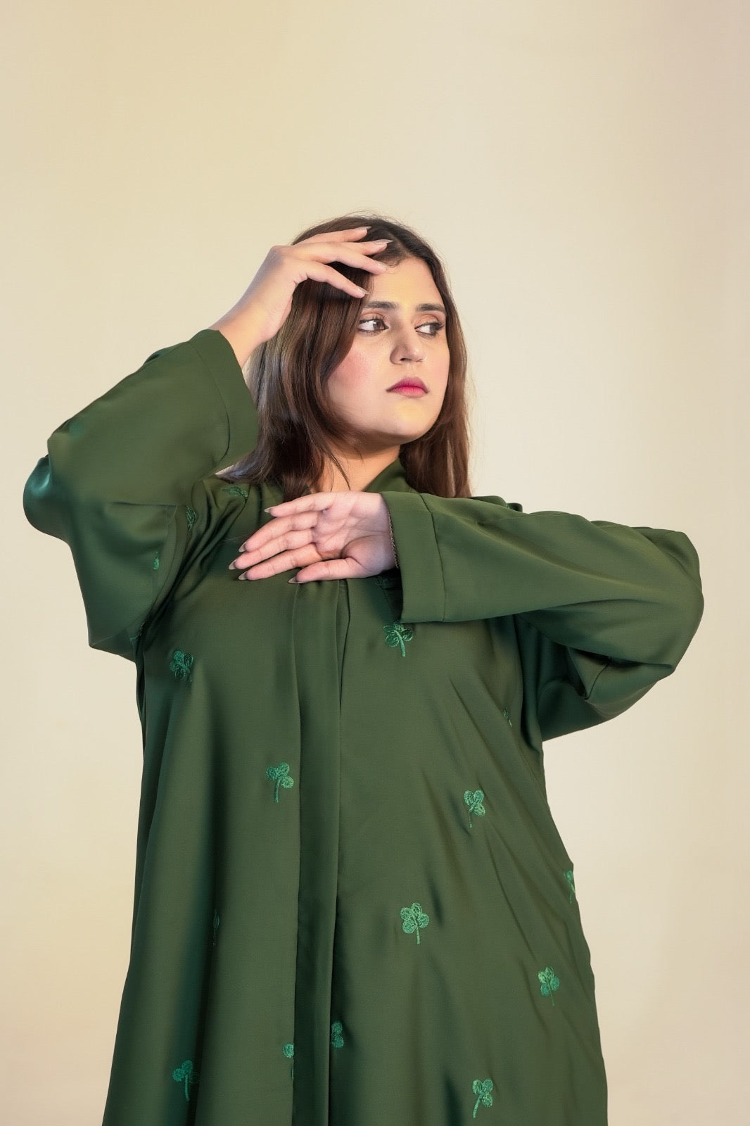 Emerald Botanical Embroidery Open Abaya