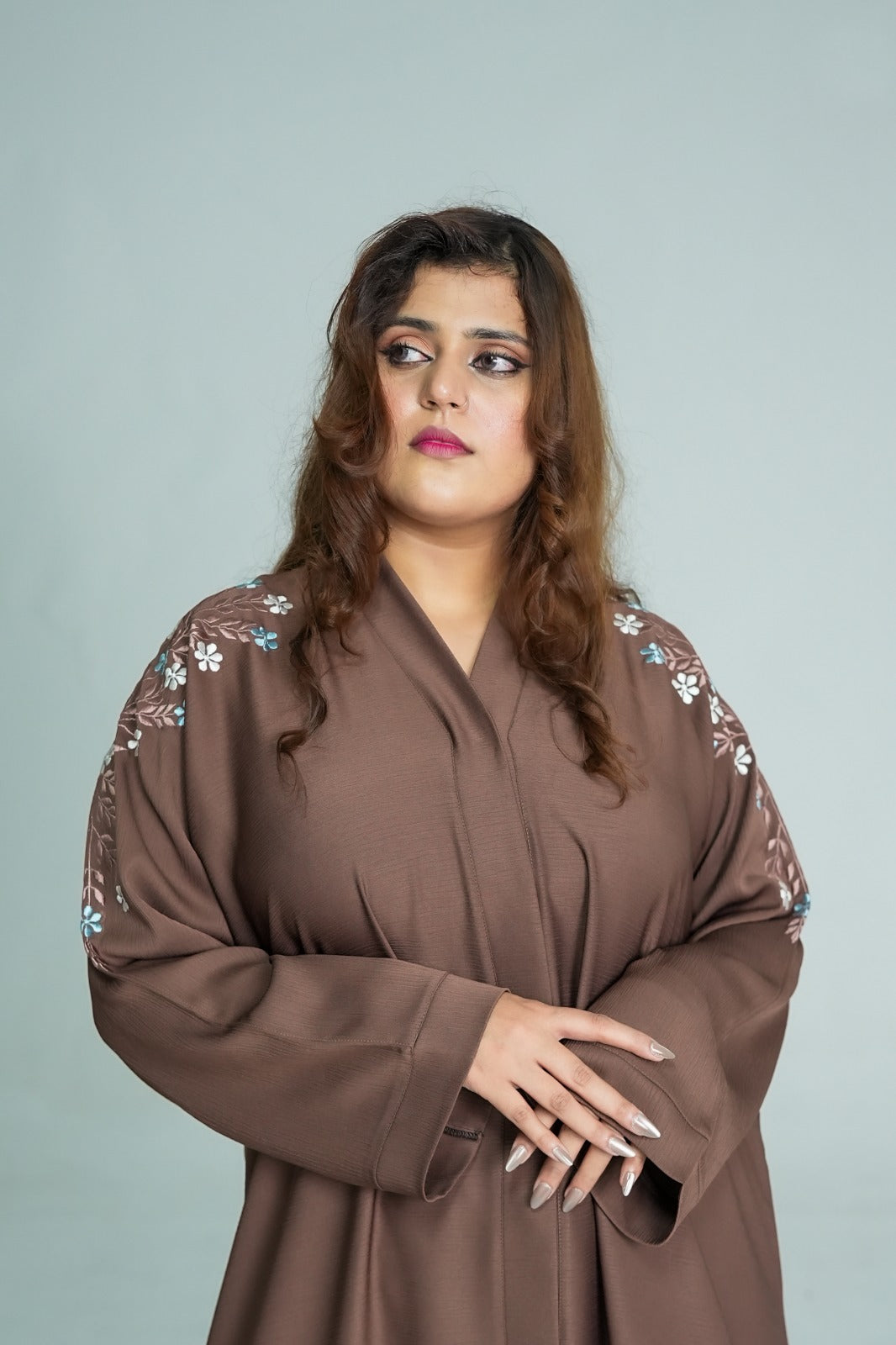 Brown Floral Embroidered Abaya