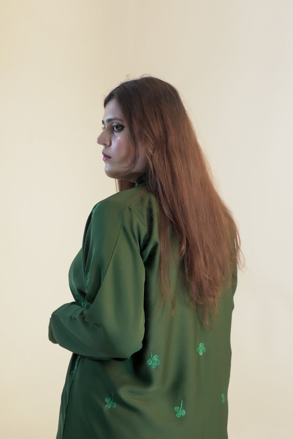 Emerald Botanical Embroidery Open Abaya