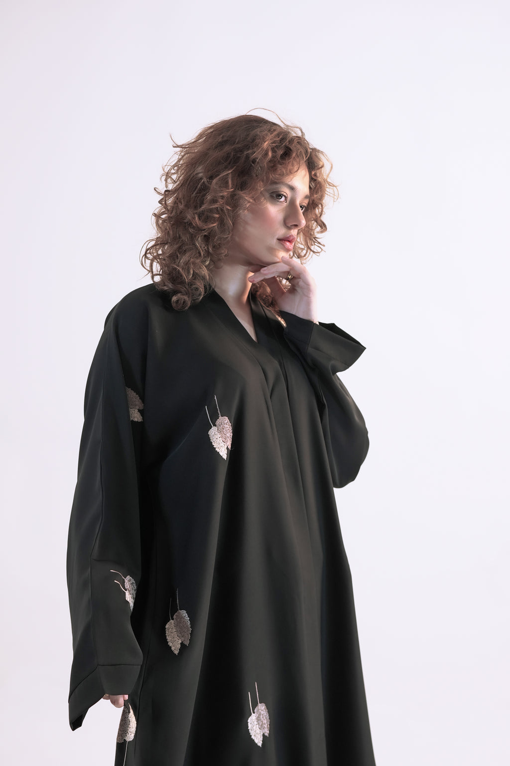 Model wearing IMAN APPAREL Black Leaf Embroidery Abaya