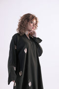 Model wearing IMAN APPAREL Black Leaf Embroidery Abaya