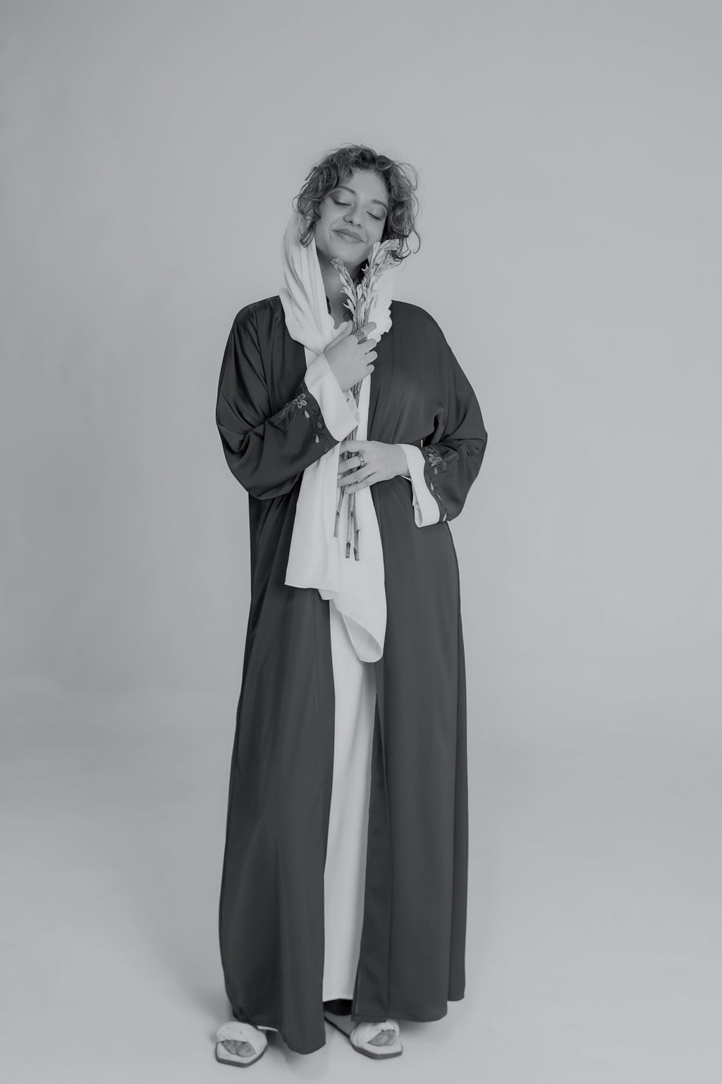 Full length view of IMAN APPAREL Charcoal Open Abaya