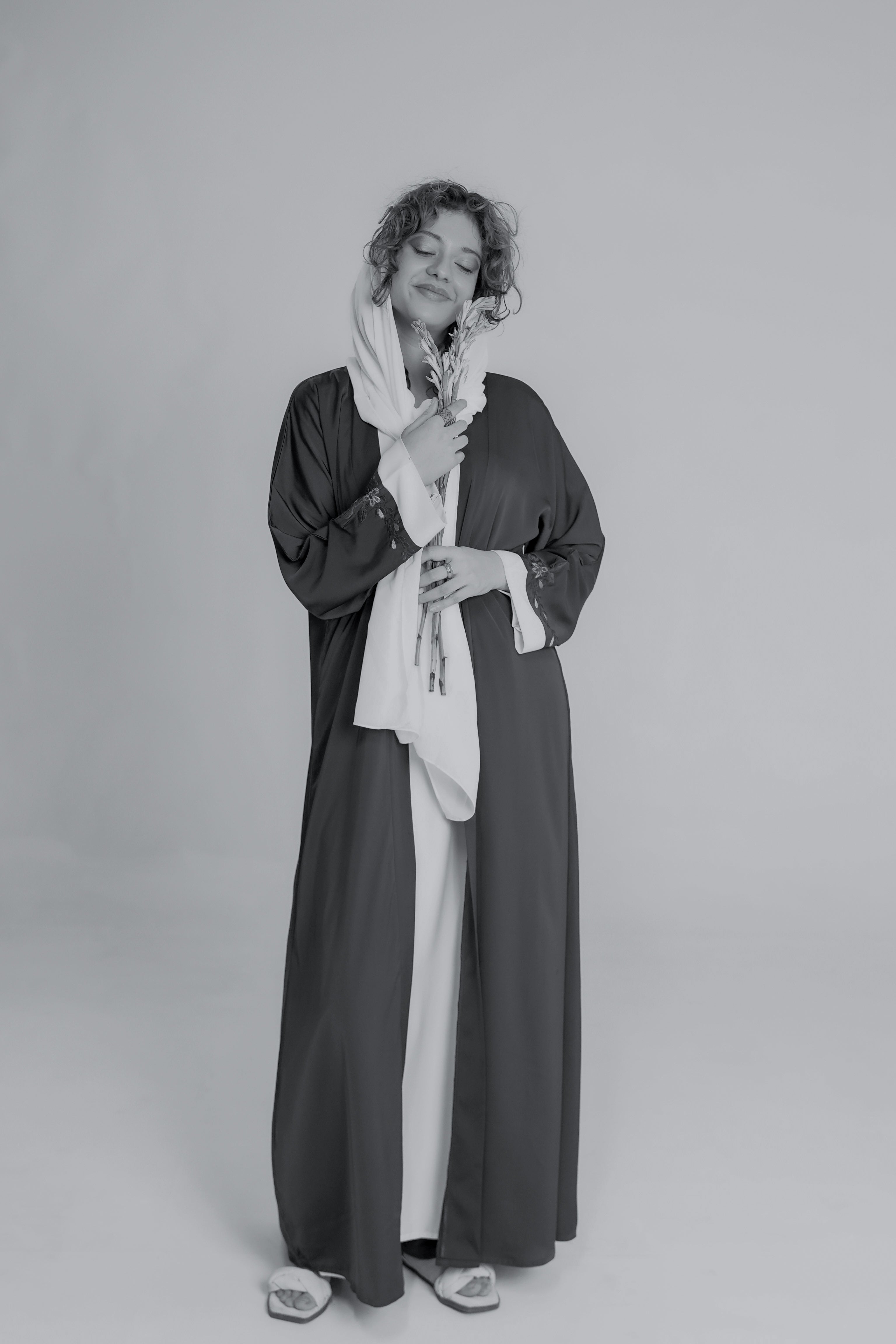 Full length view of IMAN APPAREL Charcoal Open Abaya