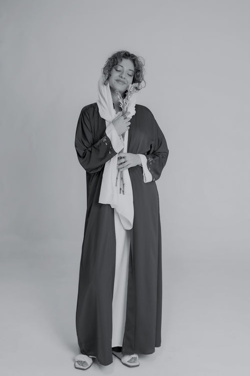 Full length view of IMAN APPAREL Charcoal Open Abaya