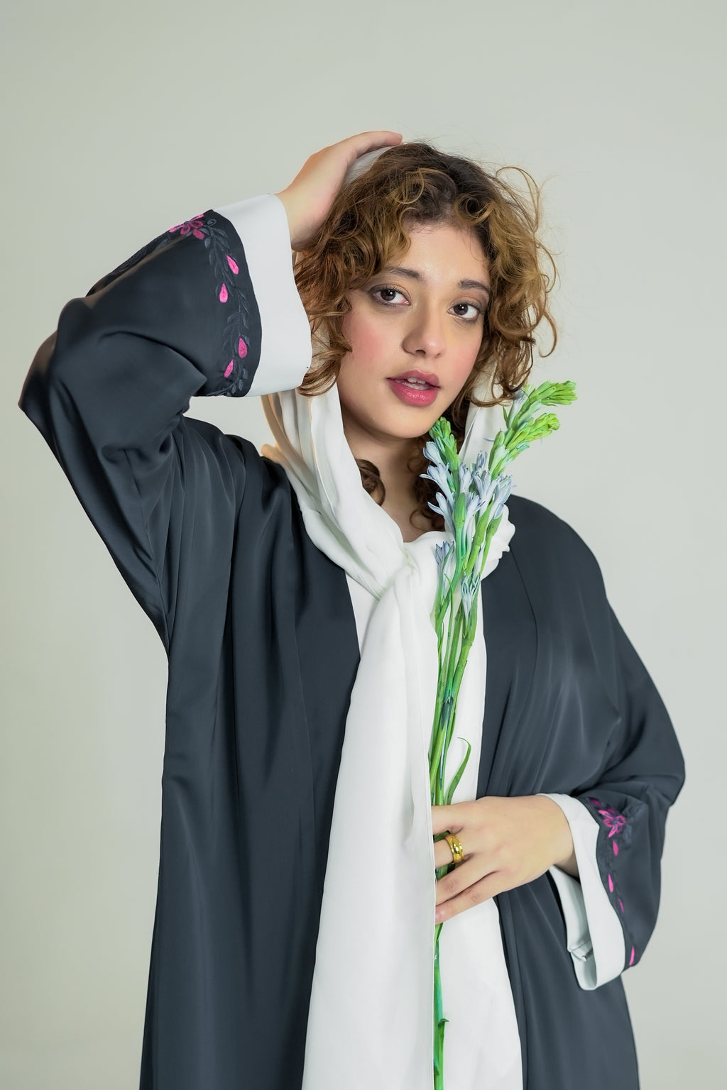 Model wearing IMAN APPAREL Charcoal Floral Embroidery Open Abaya