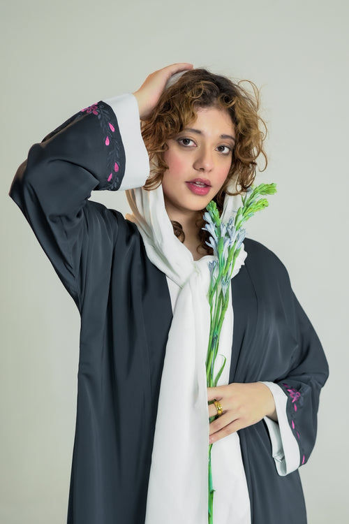 Model wearing IMAN APPAREL Charcoal Floral Embroidery Open Abaya