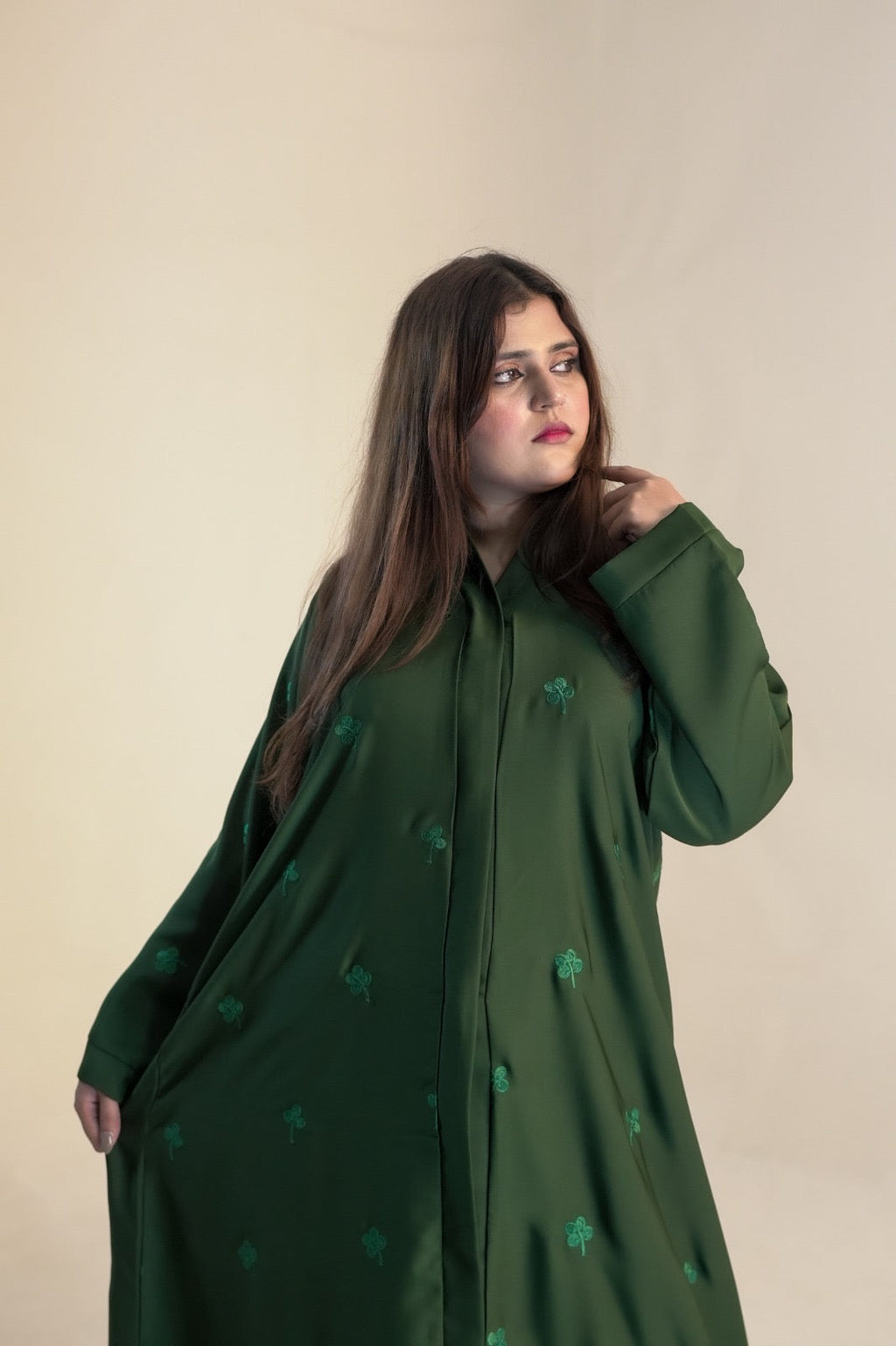 Emerald Botanical Embroidery Open Abaya