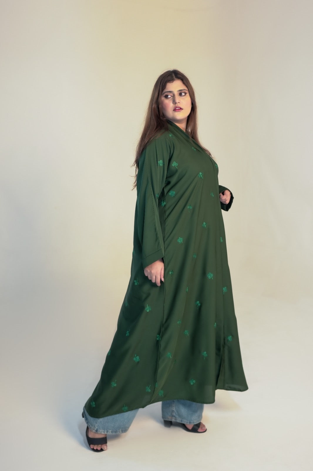 Emerald Botanical Embroidery Open Abaya